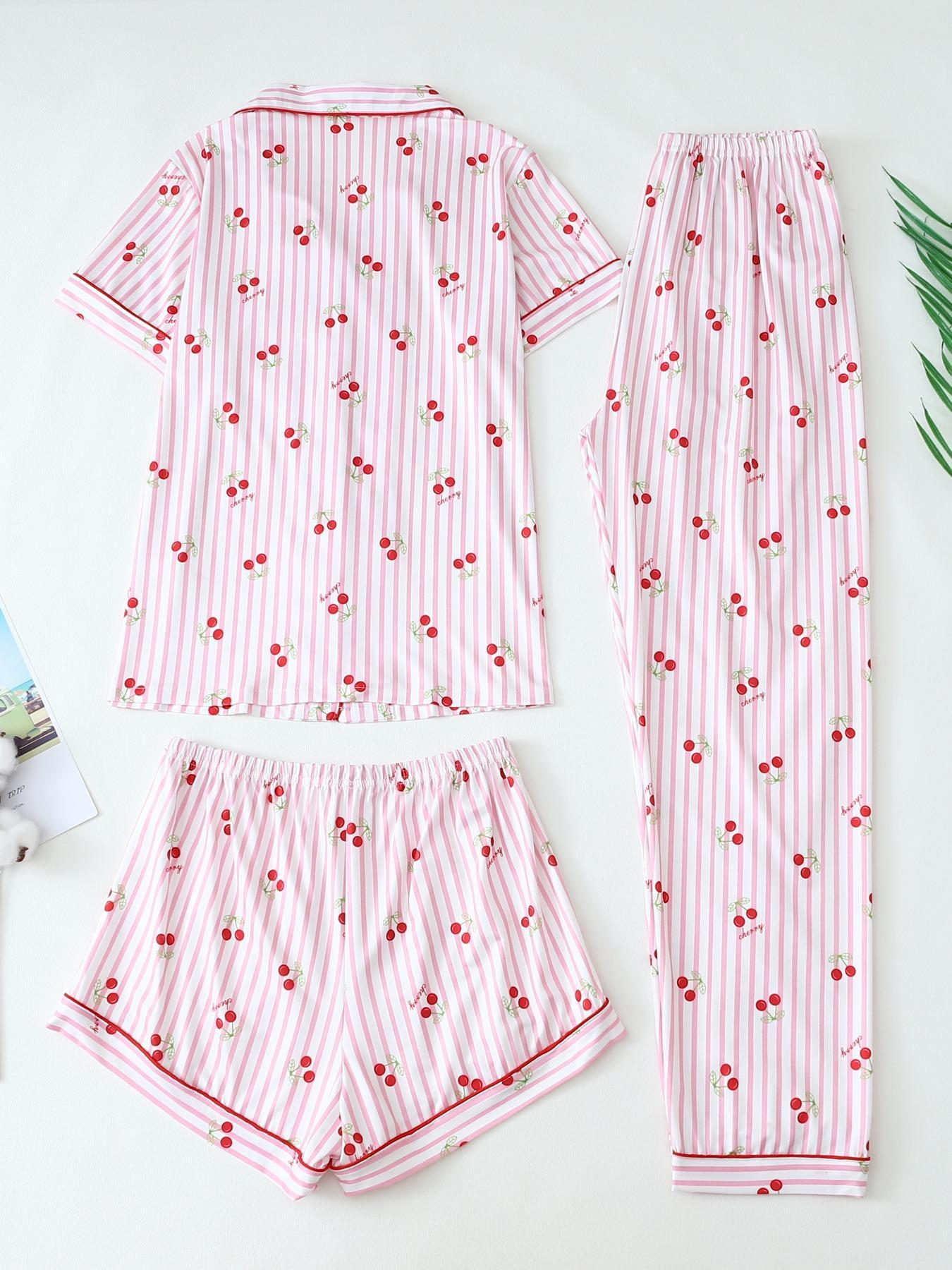 Three-piece Set Women's Bowknot & Heart Print Pajama Set, Cute Comfy Short Sleeve Tee & Elastic Waist Trousers & Shorts Pj Set, Ladies Sleepwear for All Seasons, Casual Sleepwear Set