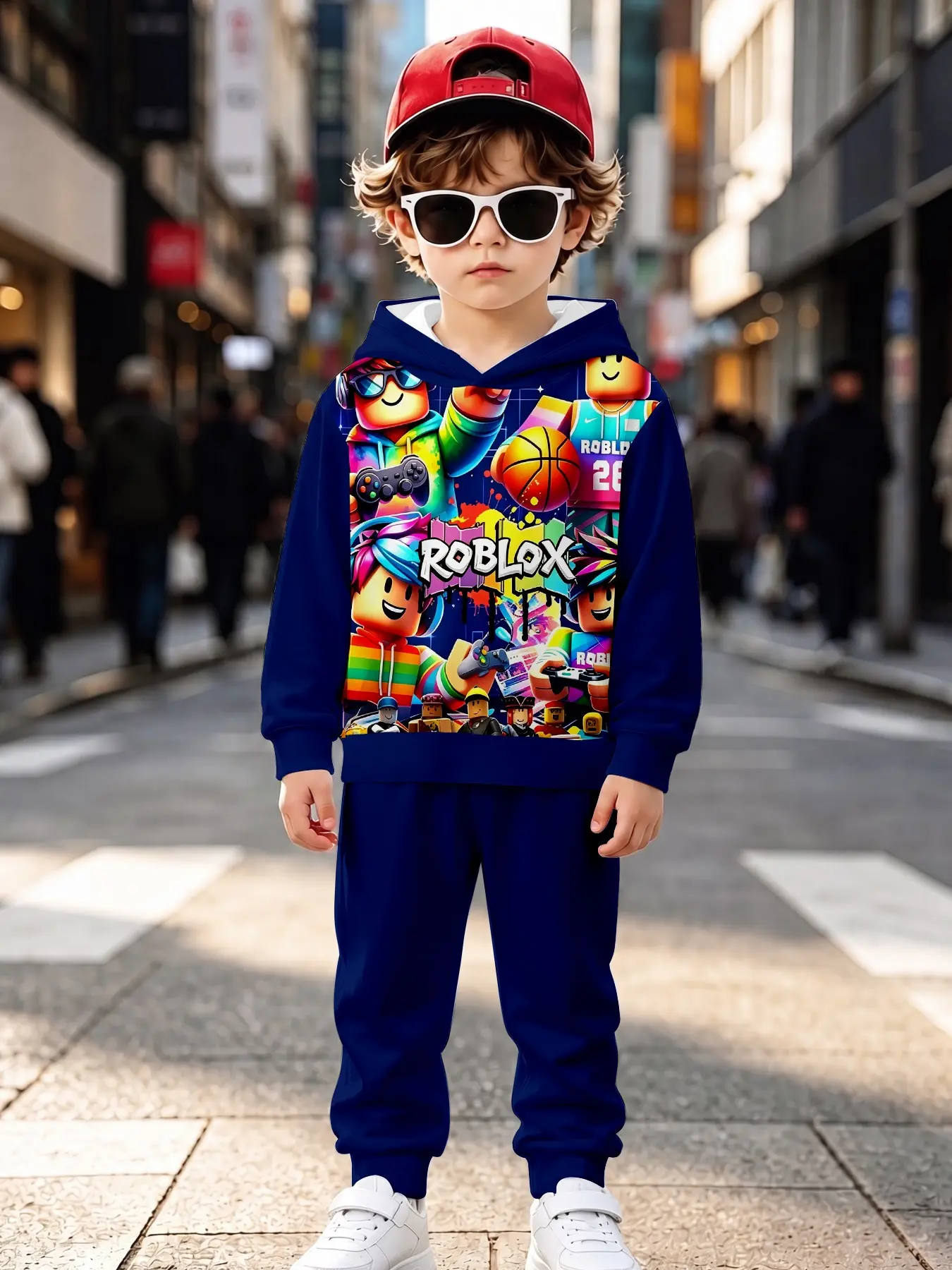 Trendy Kids Hoodie Set, Roblox Cartoon Print, Long Sleeve Loose Fit, Fall Winter Casual, Boys Game Theme Leisure Suit