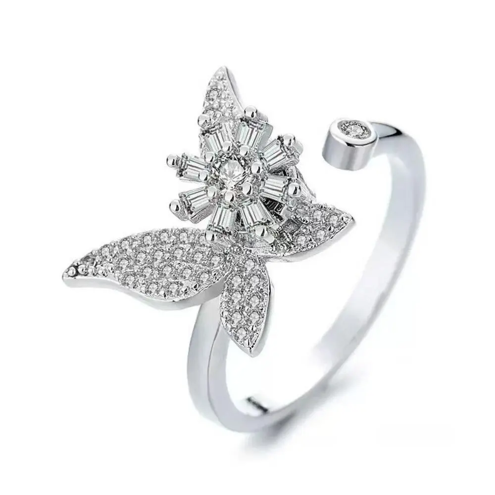 Women's 18mm Adjustable Open-Band Butterfly & Sunflower Fidget Ring – Hypoallergenic Spinner Ring, Elegant Anxiety-Relief Jewelry, Perfect Gift for Birthdays or Valentine's Day