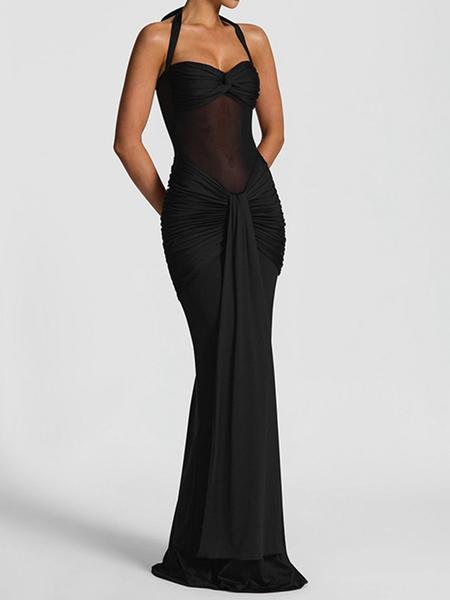 Elegant Women's Halter Neck Tie Back Sheer Mesh Dress, Sexy Long Flowy Gown, Fashionable Plain Color Evening Wear