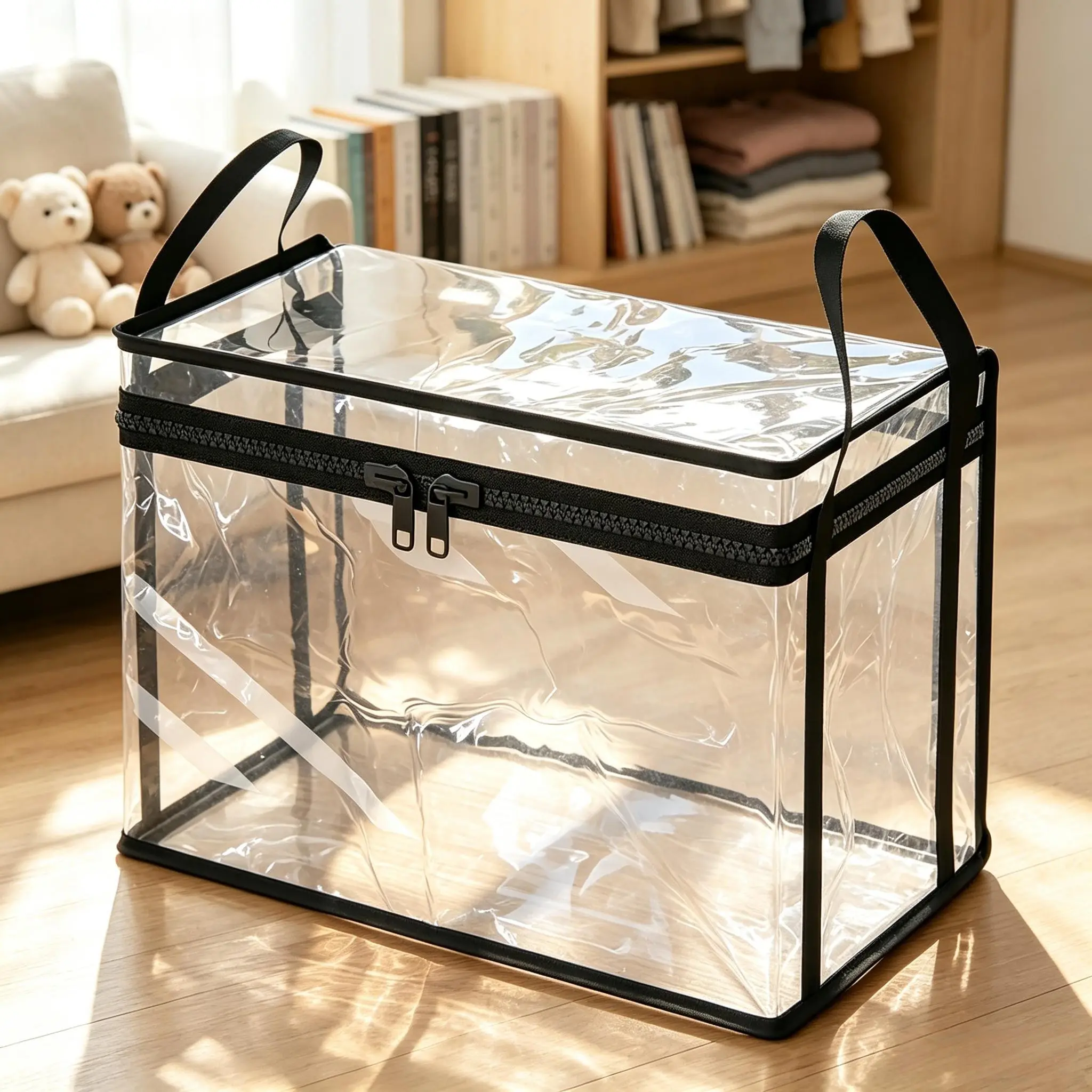 Transparent Thick PVC Storage Box with Handle, Dust-Proof Organizer for Books, Stuffed Toys, Camping, Travel, Moving
