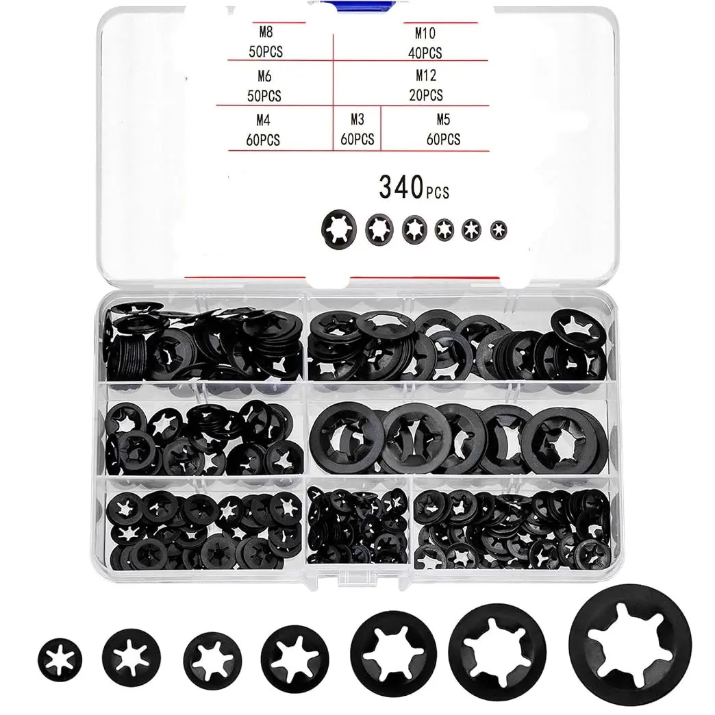 340Pcs Starlock Internal Tooth Push-on Washers Assortment Set, Black Oxide Finishing Fasteners Clips Kit. Premium 65Mn Steel Made, durable and anti-rust, easy to install without extra tools. All-in-one hardware assortment, cost-effective for daily use.