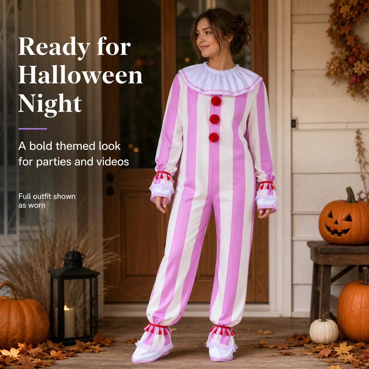Pink White Vertical Stripe Clown Jumpsuit, Ruffled Collar Fringe Cuffs Halloween Horror Clown Cosplay Costume