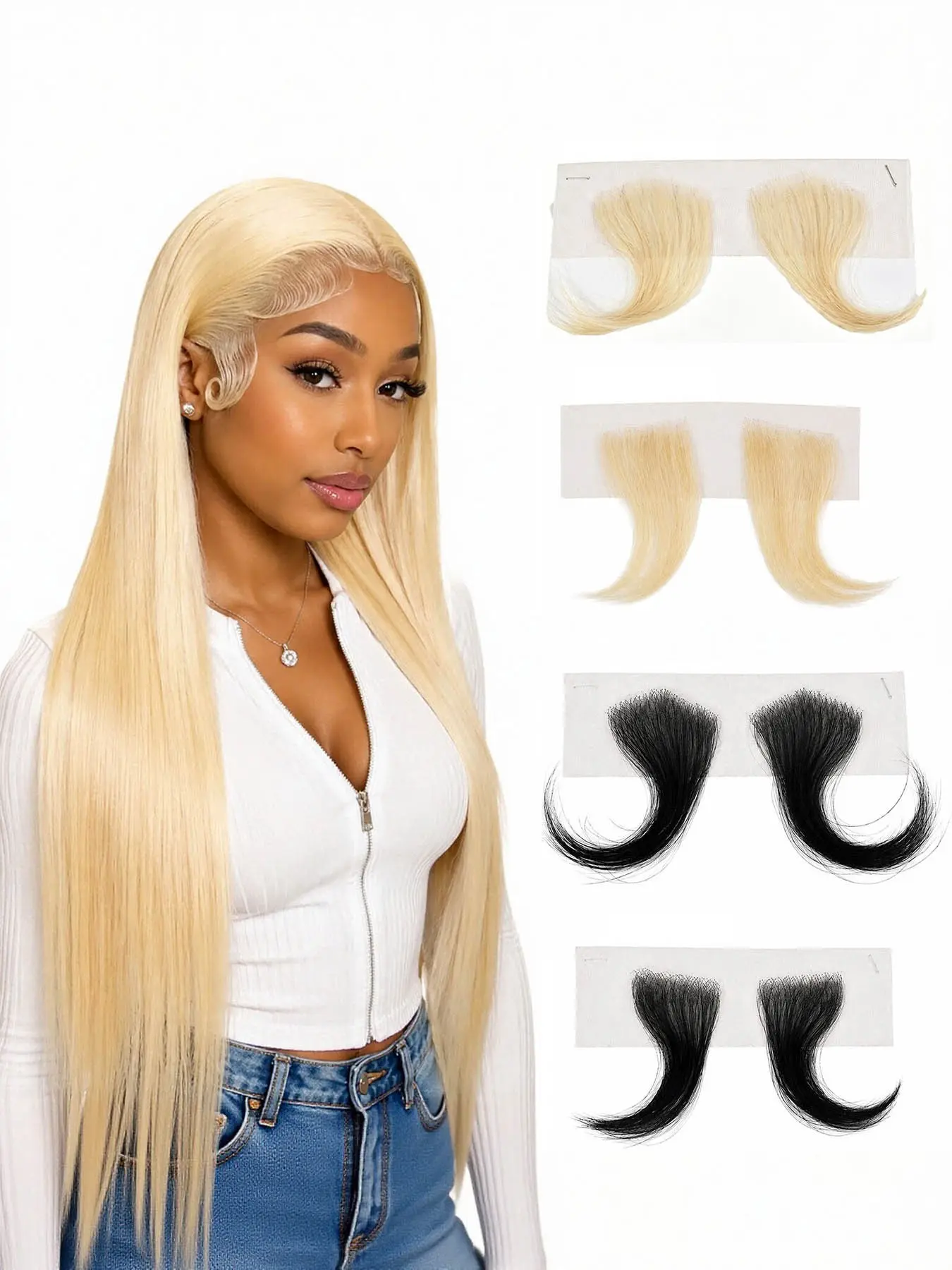 Edges Hair HD Lace Baby Hair Stripes, Fake Edges, 2 Pcs V, 2 Pcs I, 613 Blonde, Black | Reusable, Invisible Lace Front, Real Human Hair Pieces, Handmade, Realistic, Breathable, Refining and Correcting Hairline Issues, Lace Strips Hairlines for Black Women