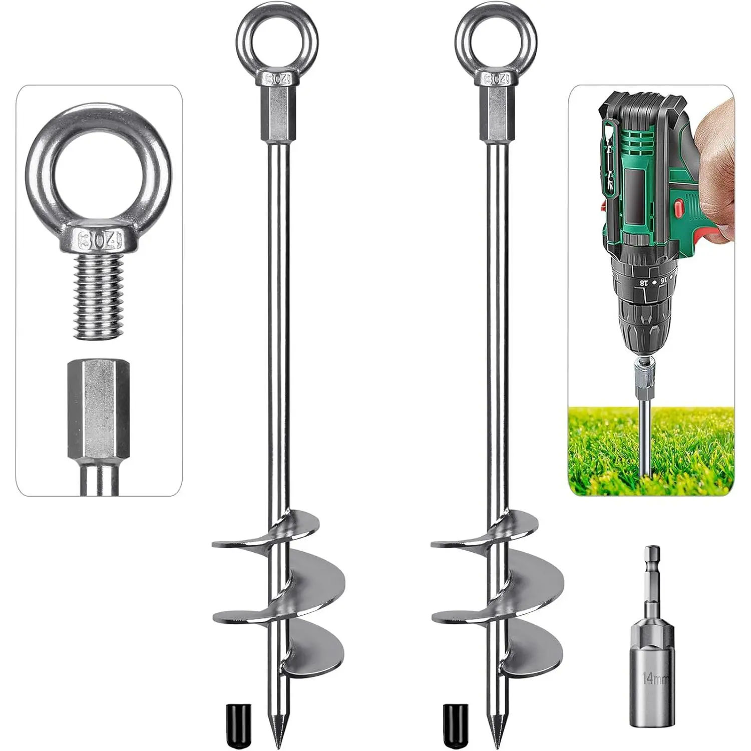18'' Ground Anchors Screw in Heavy Duty 12mm Solid Steel, 3" Spiral  with Smooth Edges, Fully Welded Design for Mobile , Shed, Trampoline, Swing Set, Carport, Earth, Tent, 2Pack