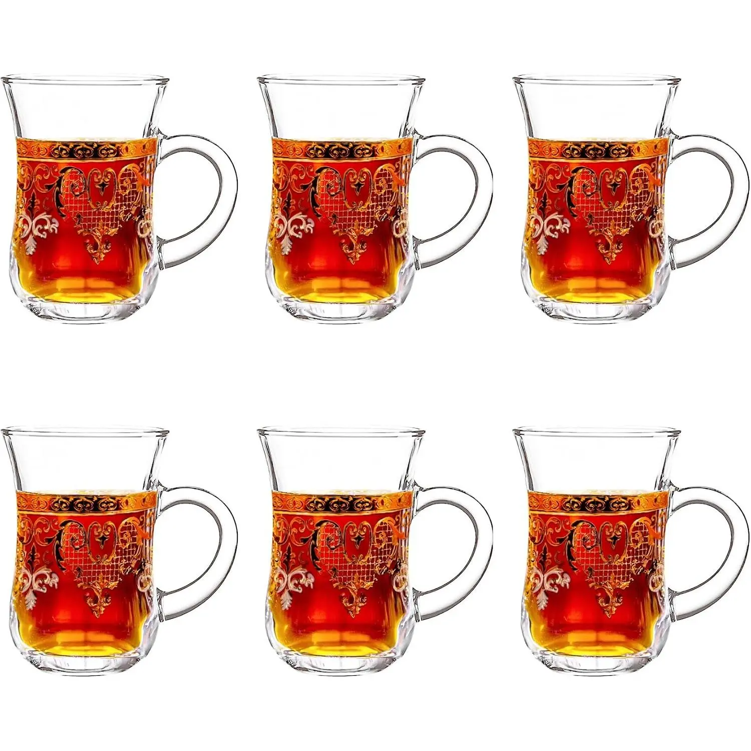 Turkish Tea Glasses Set of 6 Gold Moroccan Tea Cups with Handle 5 oz Footed Glass Coffee Mugs for Hot Cold Drinks