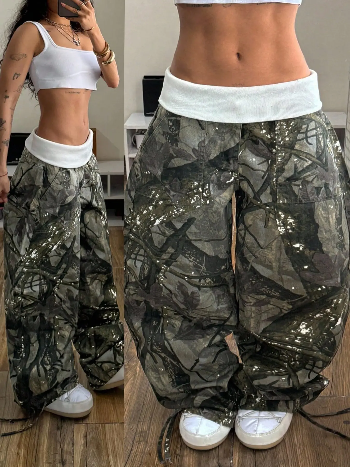Plus Size Women's Fashion Camouflage Patchwork All Over Print Jeans, Loose Fit Wide Leg Denim Jeans with Pockets, Comfortable Summer Everyday Wear