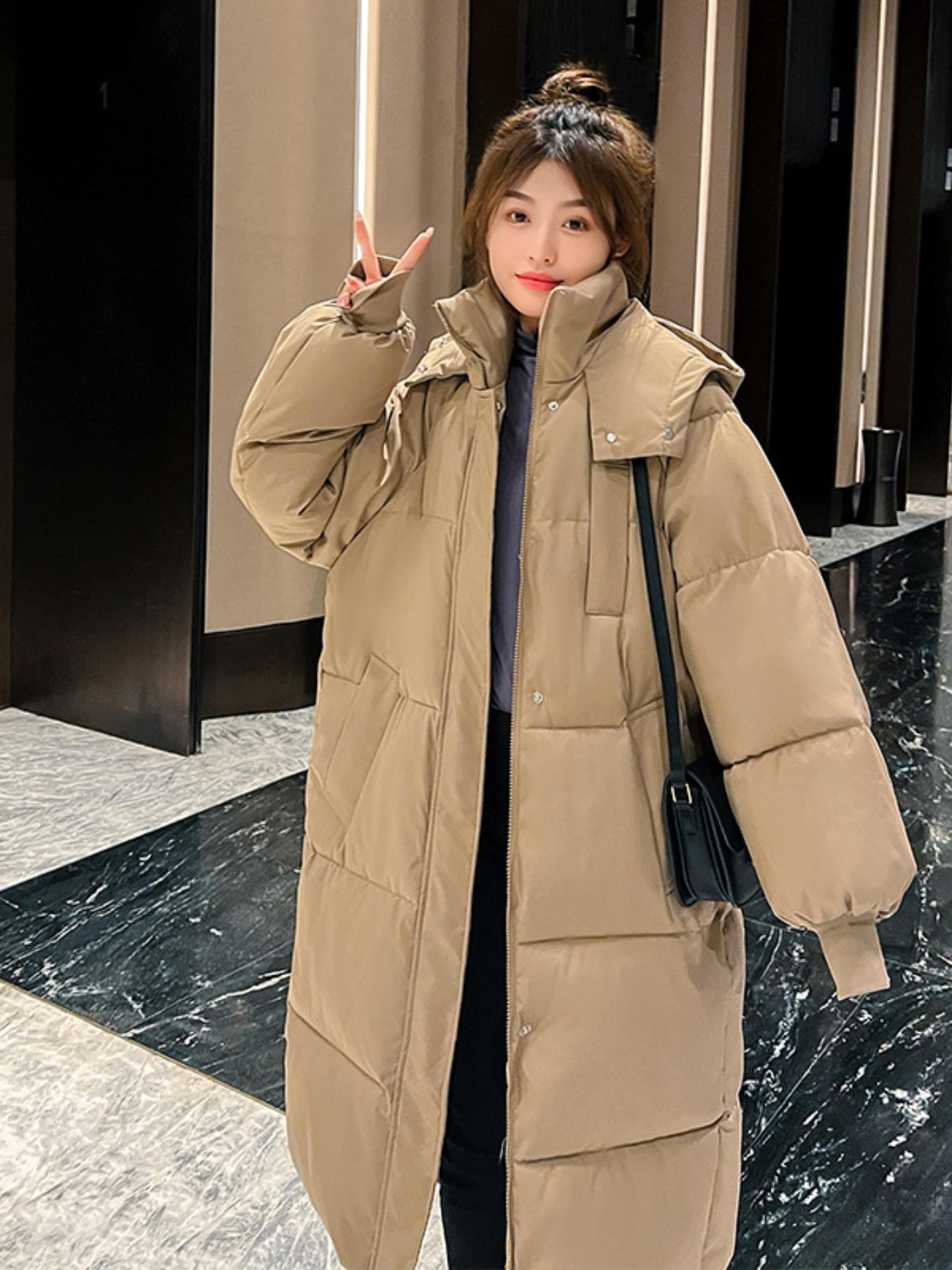 Women's Solid Button Front Pocket Zipper Drop Shoulder Midi Winter Coat, Jackets, Casual Long Puffer Coat For Fall & Winter, Women's Clothing For Daily Wear