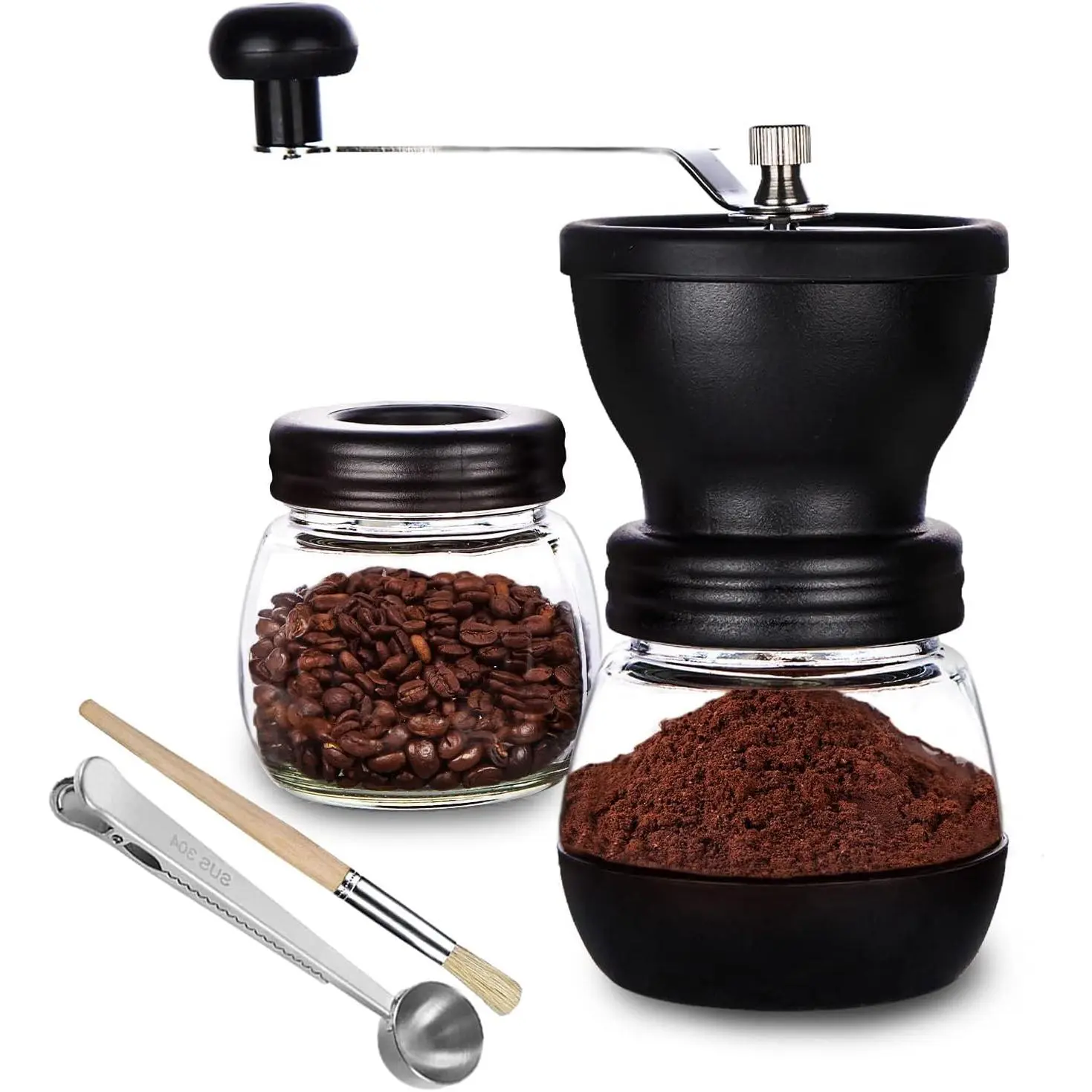 Manual Coffee Grinder, Ceramic Burr, 2 Glass Jars, 11oz per Jar| This hand coffee grinder, a small coffee bean grinder, has a steel crank for drip, espresso, French press and Turkish brew