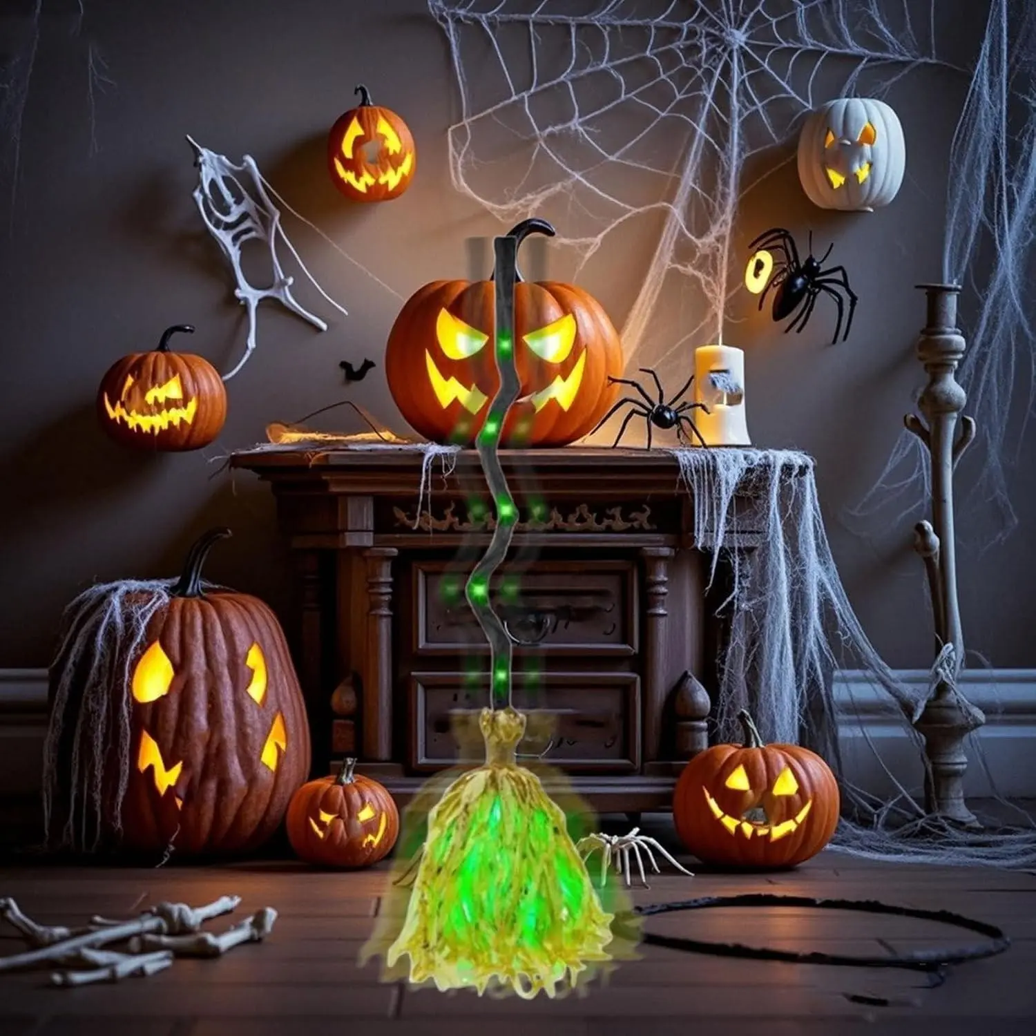 Halloween Witch Broom Light, Sound-Activated LED Broom, 35-Inch Dynamic Broom, LED, Haunting Sounds, Indoor/outdoor Decor