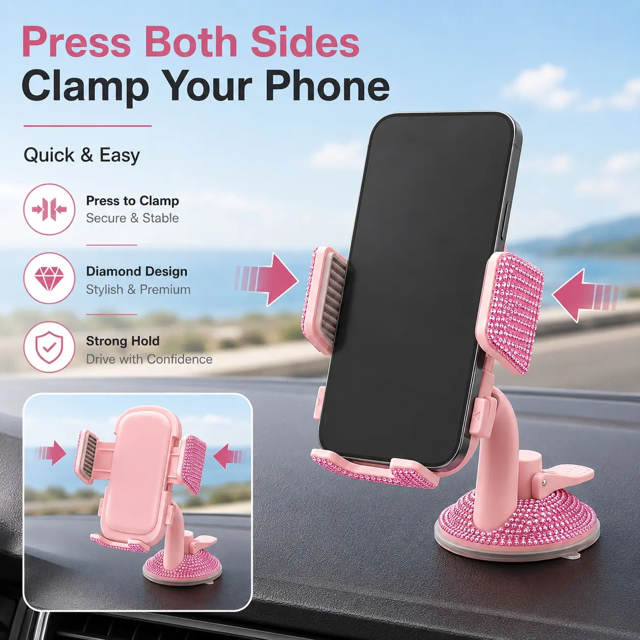 Car Phone Holder, One-Button Press Clamp, Rhinestone Decor, 360-Degree Rotation, Dashboard/central Console Mount, Car Navigation Stand
