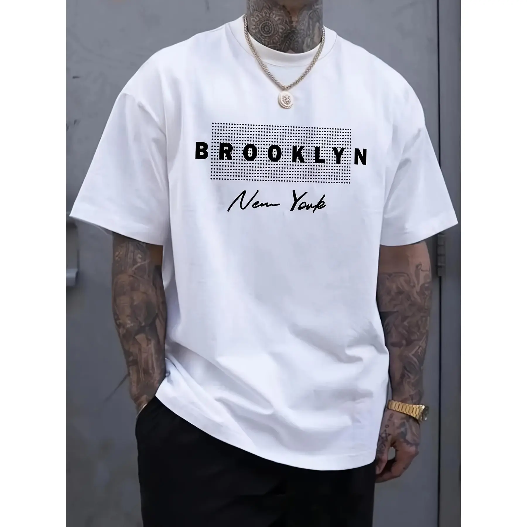 Men's Brooklyn Graphic Crew Neck Short-Sleeve Sports Top - Machine Wash/Dry Clean, Casual Stretch Polyester Blend, Soft Regular Fit, Position Print, High-Quality Cotton, Adult Menswear for Summer