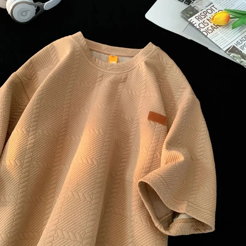 Men’s summer crew neck short-sleeve T-shirt with wheat embossed texture features dropped-shoulder cut. Skin-friendly and breathable with Japanese casual style, it fits daily commuting, summer outfits and casual trips. # Summervibes