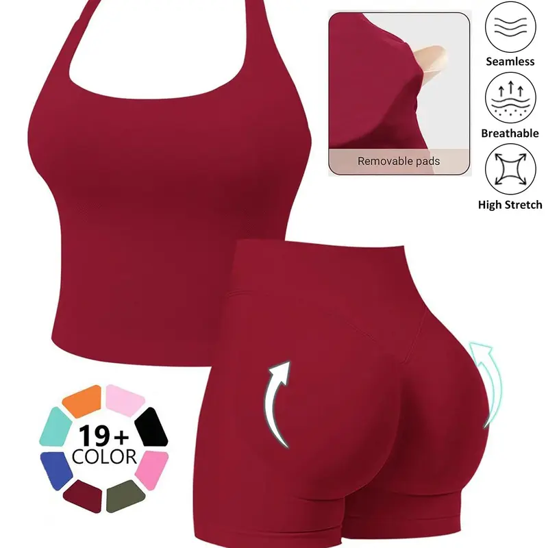 Seamless Workout Sets for Women, Halter Tank Top & Gym Scrunched Shorts Sports Set, Sporty Breathable Quick Drying Outfits for Yoga Gym Workout Running, Ladies Sportswear for Summer, Exercise Clothing Set #GLOBAL PICKS