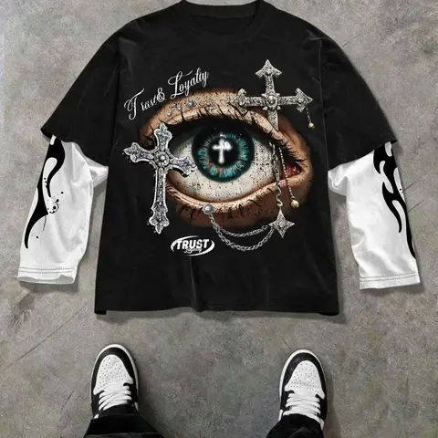 Trendy Short Sleeve & Patchwork Long Sleeve Tee Set, Street Style Casual Fashion, Unique Layered Design, Perfect for Trendsetters