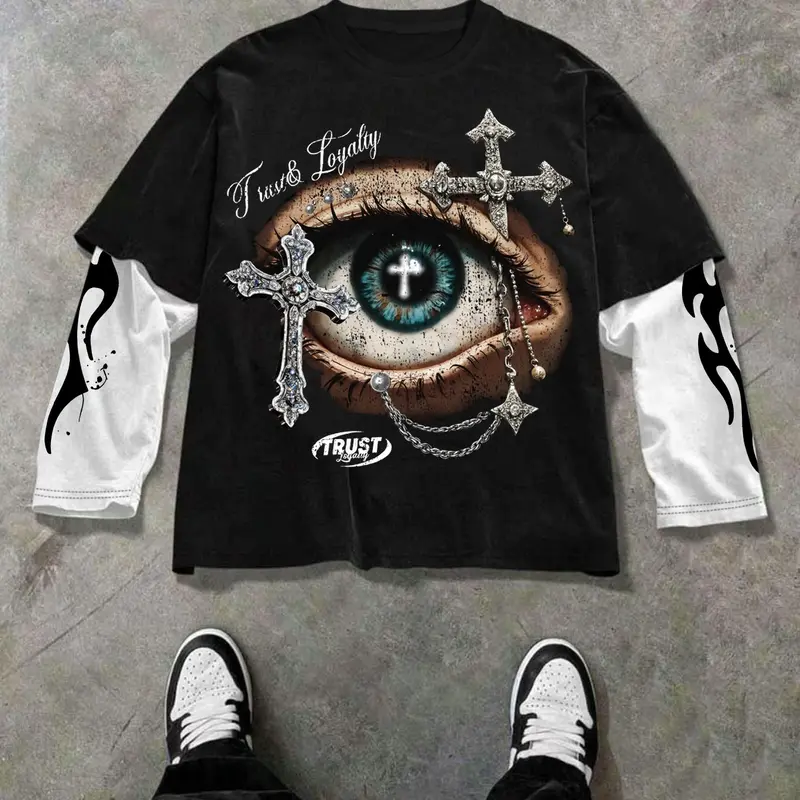 Trendy Short Sleeve & Patchwork Long Sleeve Tee Set, Street Style Casual Fashion, Unique Layered Design, Perfect for Trendsetters