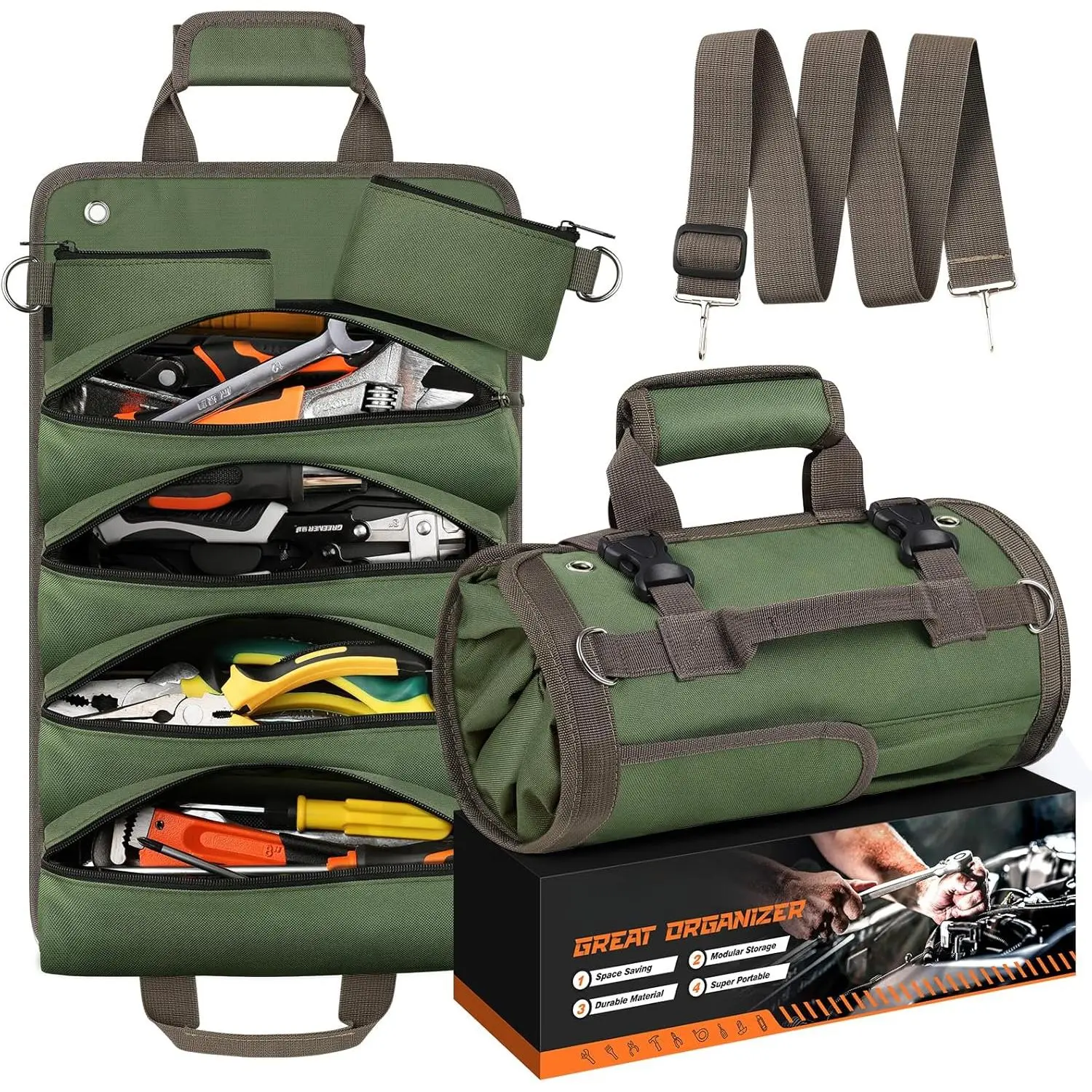 Tool Bag Roll Up, Heavy Duty Portable Soft Tool Storage, Foldable Empty Rollup Organizer with Small Pockets, Official Rollable Toolbag, Father Day Gifts  Him Dad Men Mechanic Welding, Green