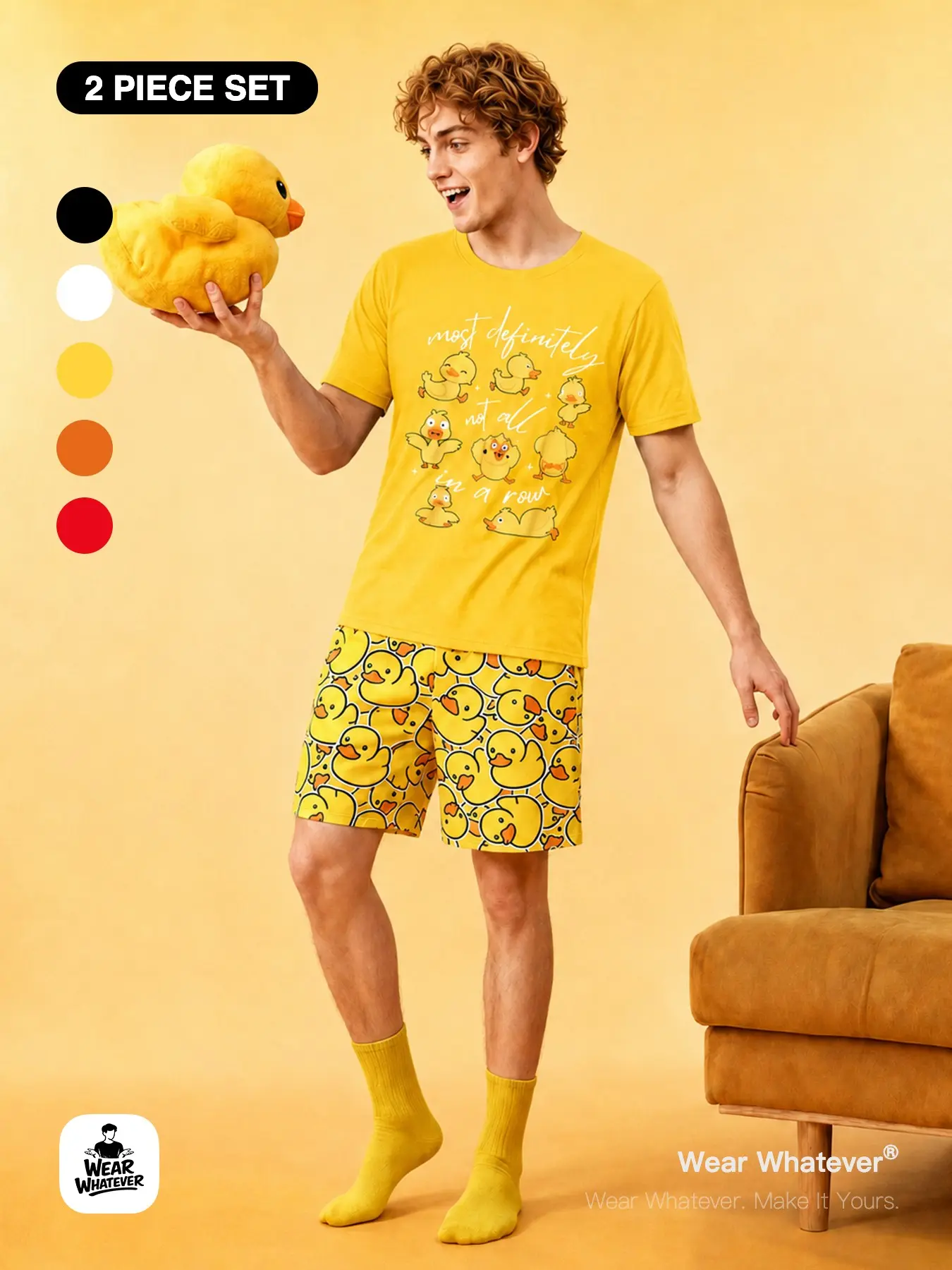 | 2-Piece Set | Wear Whatever Unisex Duck Print 2 Piece Set, Graphic T Shirt and Cartoon Shorts Lounge Outfit, Casual Summer Homewear Sleepwear Set Loungewear