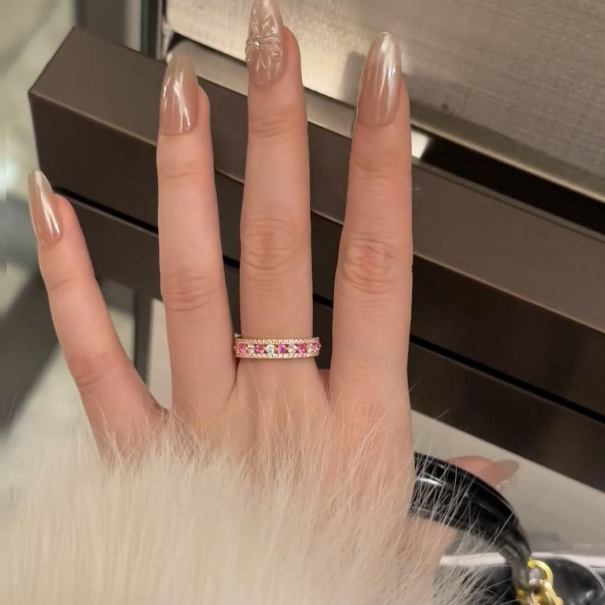 Pink Full Zircon Band Ring for Women, Korean Style Dainty Stackable Rings, Sparkling Fashion Jewelry, TikTok Trending Couple Gift, Ins Aesthetic Style