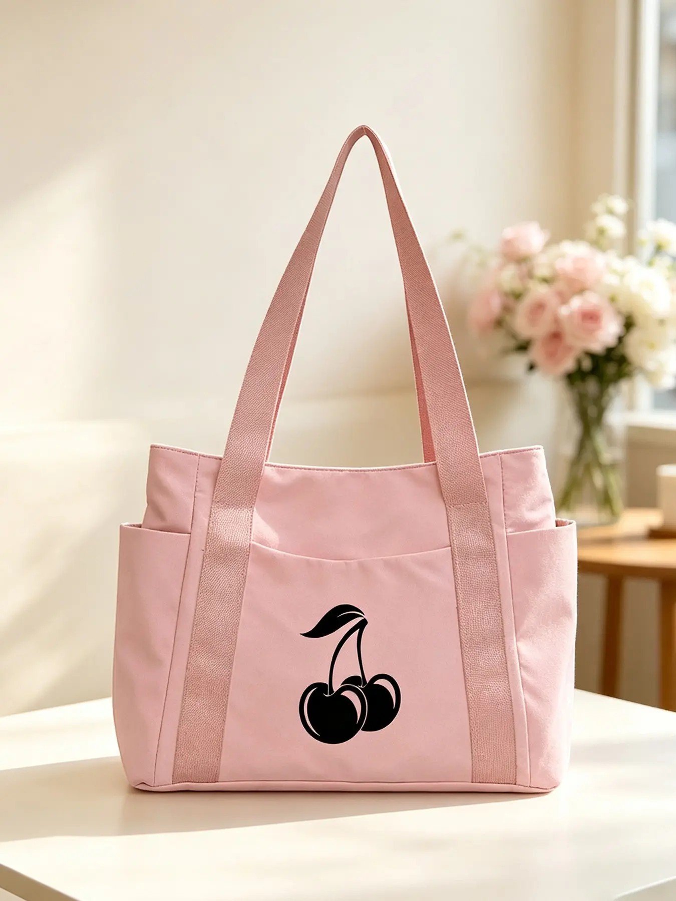 Cherry Print Fashion Tote Bag, Unisex Shoulder Bag, Crossbody Bag, Large Capacity Handbag, Portable for Travel, Overnight, School