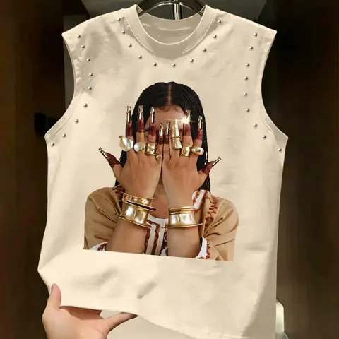 Sleeveless Graphic Top, Bead Rivet Craft, Streetwear Fashion Style, Face Print Tank for Daily Wear Casual Fit