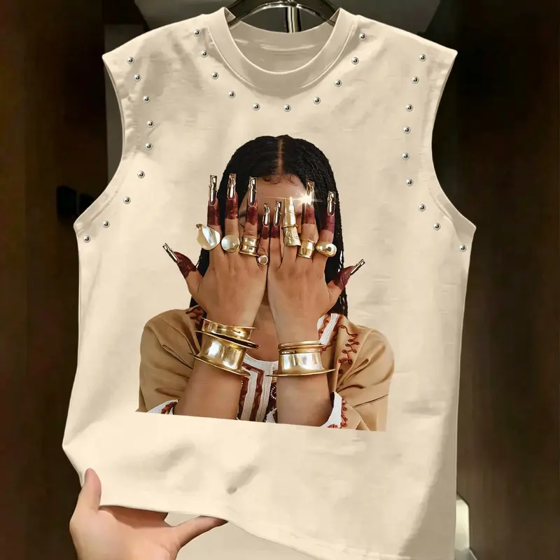 Sleeveless Graphic Top, Bead Rivet Craft, Streetwear Fashion Style, Face Print Tank for Daily Wear Casual Fit