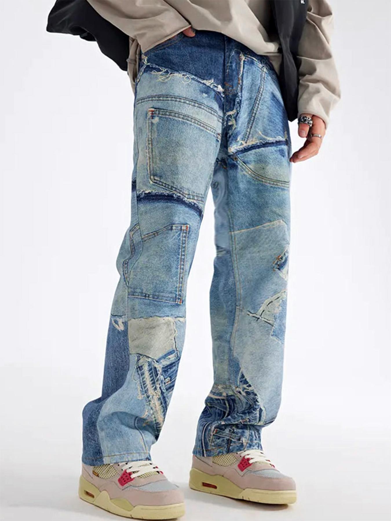 Unisex Men's Denim-Effect Print Pocket Straight Leg Pants, Loose Street Fashion Casual Button Fly Trousers for Daily Wear, Mens Bottoms for All Seasons, Street Style, Menswear, Streetwear, Ripped Jeans