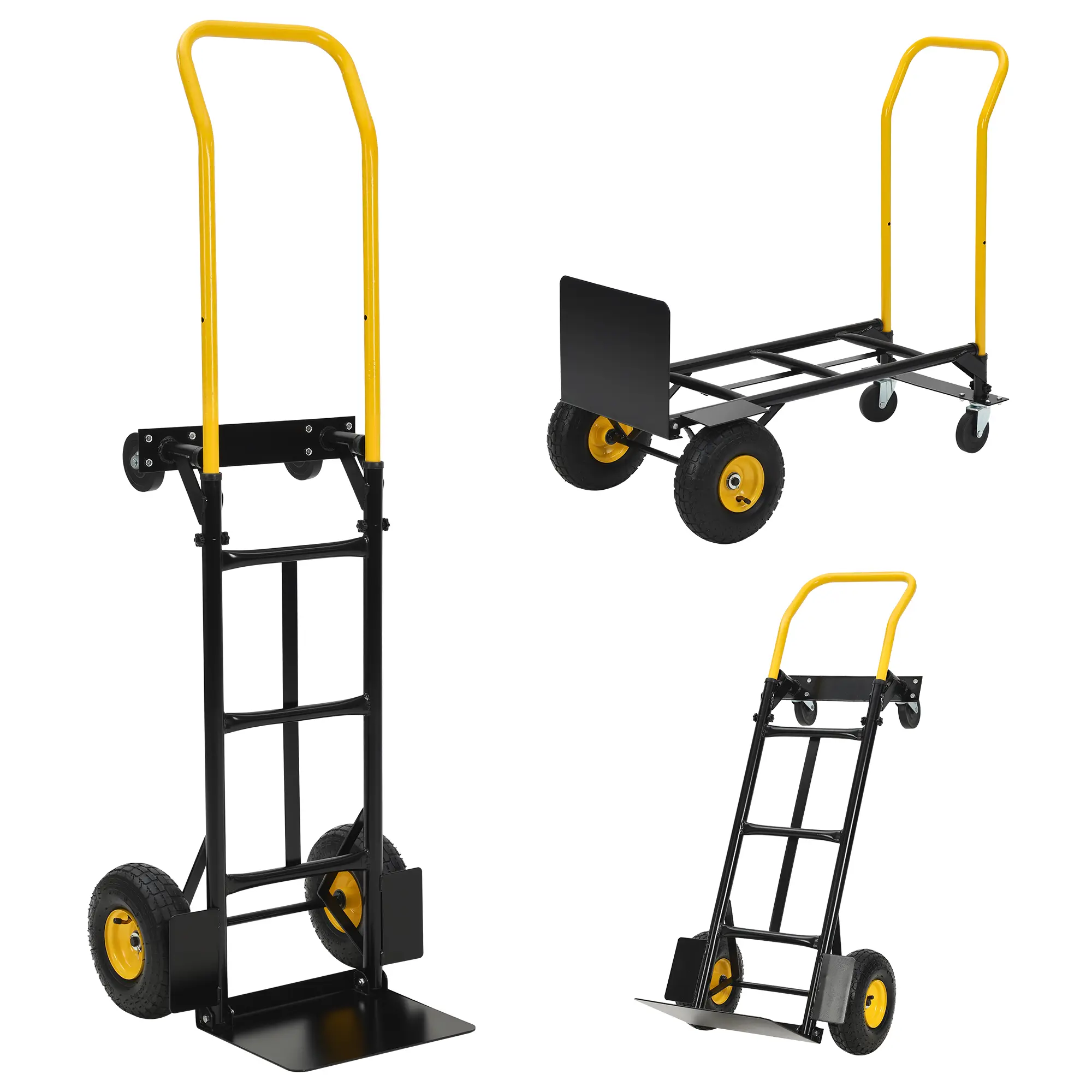 2-in-1 Convertible Hand Truck & Platform Cart, 600 LB Capacity. Folding Dolly with Never-Flat Wheels. For Moving, Warehouse, Garden, Office. Heavy Duty Steel, Adjustable Handle. Space-Saving Storage