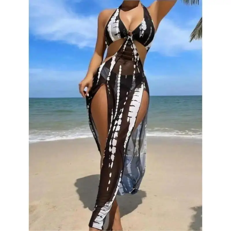 Women's Halter Neck Bikini Set, High Cut 2-Piece Nylon Swimsuit with a Ring-Linked Tie-Back, Two Piece Set