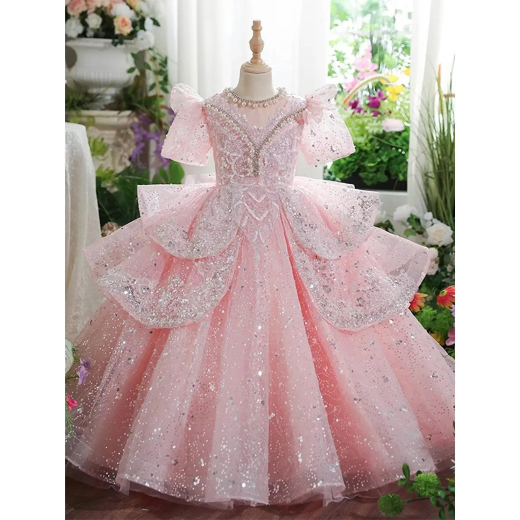 Girls' Luxurious Formal Polyester Princess Dress - Pink Puffy Tulle, Delicate Sequin, Embroidery Design - for 4-5y,5-6y,11-12y,13-14y Birthday,Piano Singing Competition Stage Events, Kids
