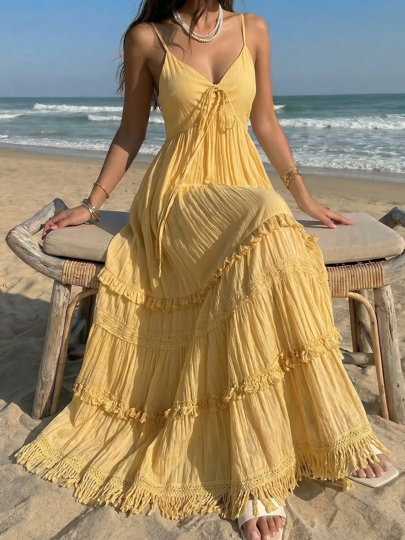 Women's Bohemian Tiered Lace Fringe Maxi Dress, Spaghetti Strap V Neck Sundress for Beach, Travel, Date, Casual & Daily Outfits, Skin-Friendly Flowy Fabric Boho #summersaledeals2026 #everydayoutfits #womensundress #everydaywear
