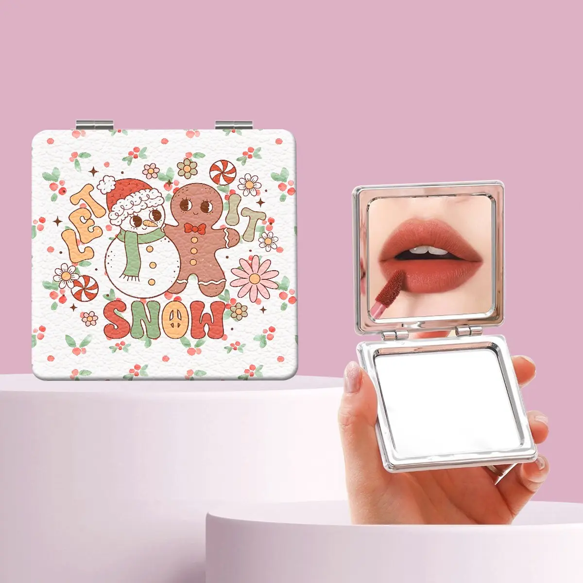 Cute Floral Christmas Cookie Snowman Makeup Mirror, Foldable Mini Handheld Mirror, Perfect Gift for Friends and Family