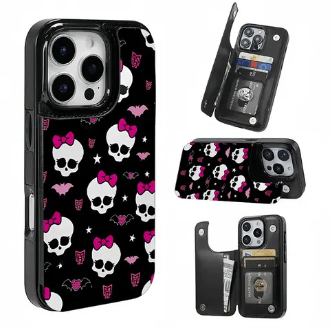 Pink Bow Skull Cartoon Card Holder, This phone case features a card slot function, can store bank cards, transit cards and other cards, suitable for iPhone18promax 17/16/15/14/13/12, and makes a great gift for girls.