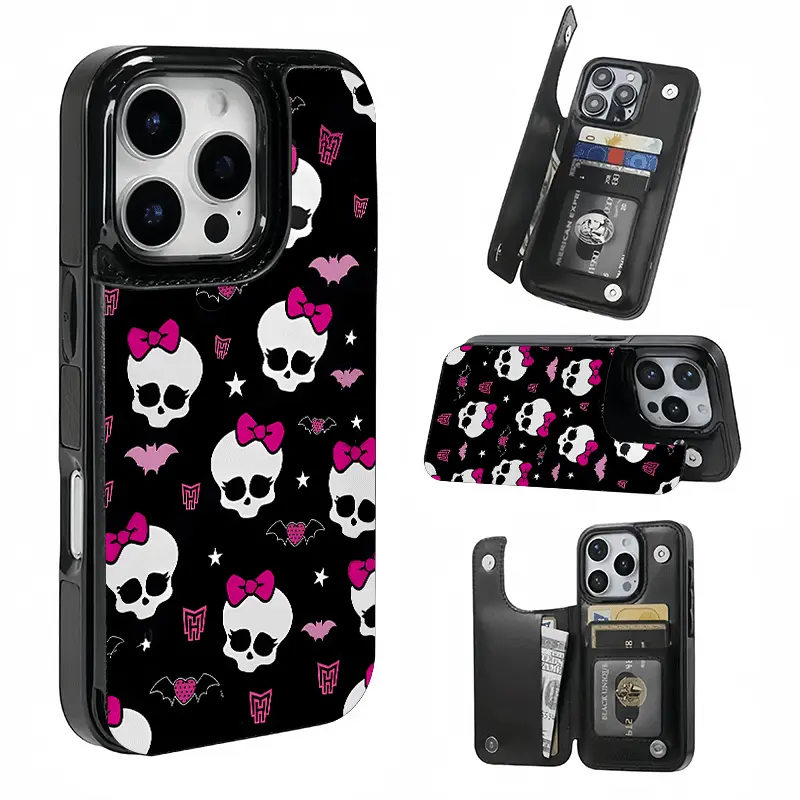 Pink Bow Skull Cartoon Card Holder, This phone case features a card slot function, can store bank cards, transit cards and other cards, suitable for iPhone 17/16/15/14/13/12, and makes a great gift for girls.