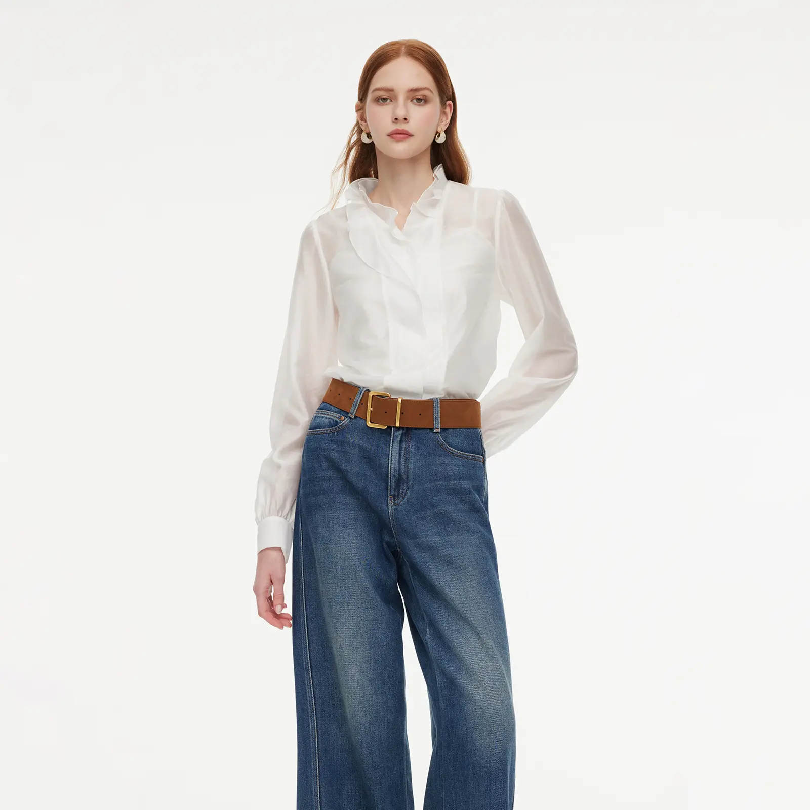 Goelia Tencel Blend Ruffle Neck Shirt and Knit Camisole Two-Piece Set for Ladies