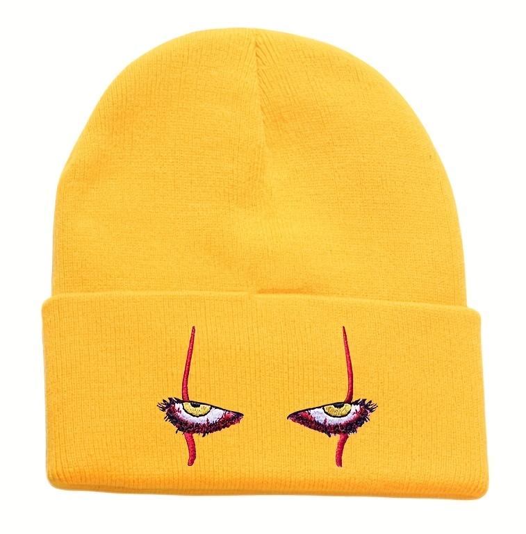 Unisex Horror Clown Eyes Knitted Beanie – Soft 100% Acrylic Winter Ski Hat, Red Accent Design, Warm Coldproof Headwear for Men & Women, Perfect for Halloween and Costume Parties