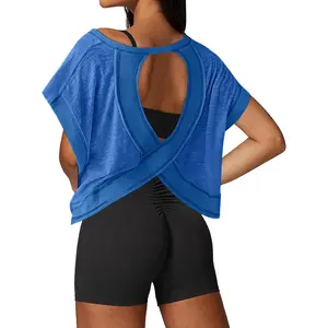 Open Back Workout Tops for Women Loose Fit Athletic Crop Tee Short Sleeve Gym Running Yoga Shirt