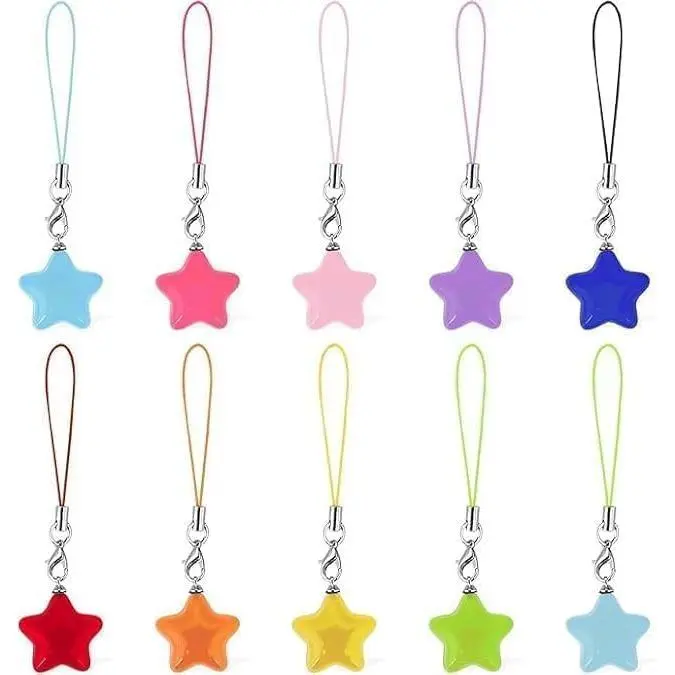 10Pcs Multicolour Cute Star Phone Chains - Fashion Charm Pendants, Universal Fit for Smartphone, Cellphone, Mobile, Lobster Clasp for Phone & Key Attachment, Accessories, Universal Size, Unisex, Phone Charm