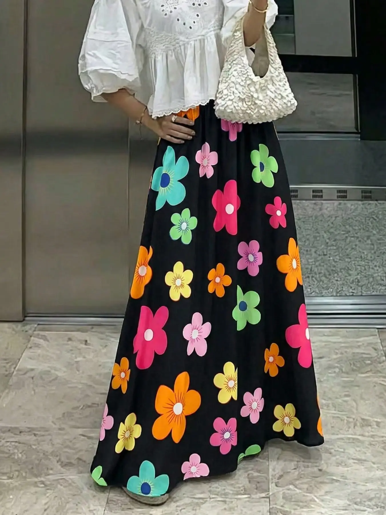 Women's Bohemian High Waist Floral Print Long Skirt, Elastic Waist, Flowy A-Line Design, Fit, Casual Style, Summer Fashion, Bottoms