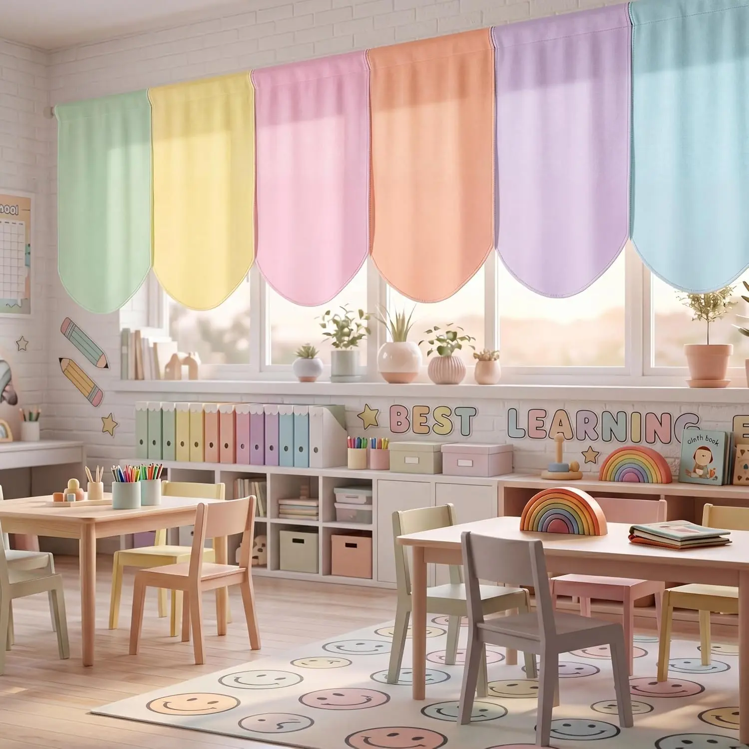 6 Pcs School Classroom Curtains Back to Classroom Colorful Curtains for Kindergarten Daycare Primary Bedroom Playroom Room Decor(Pastel)