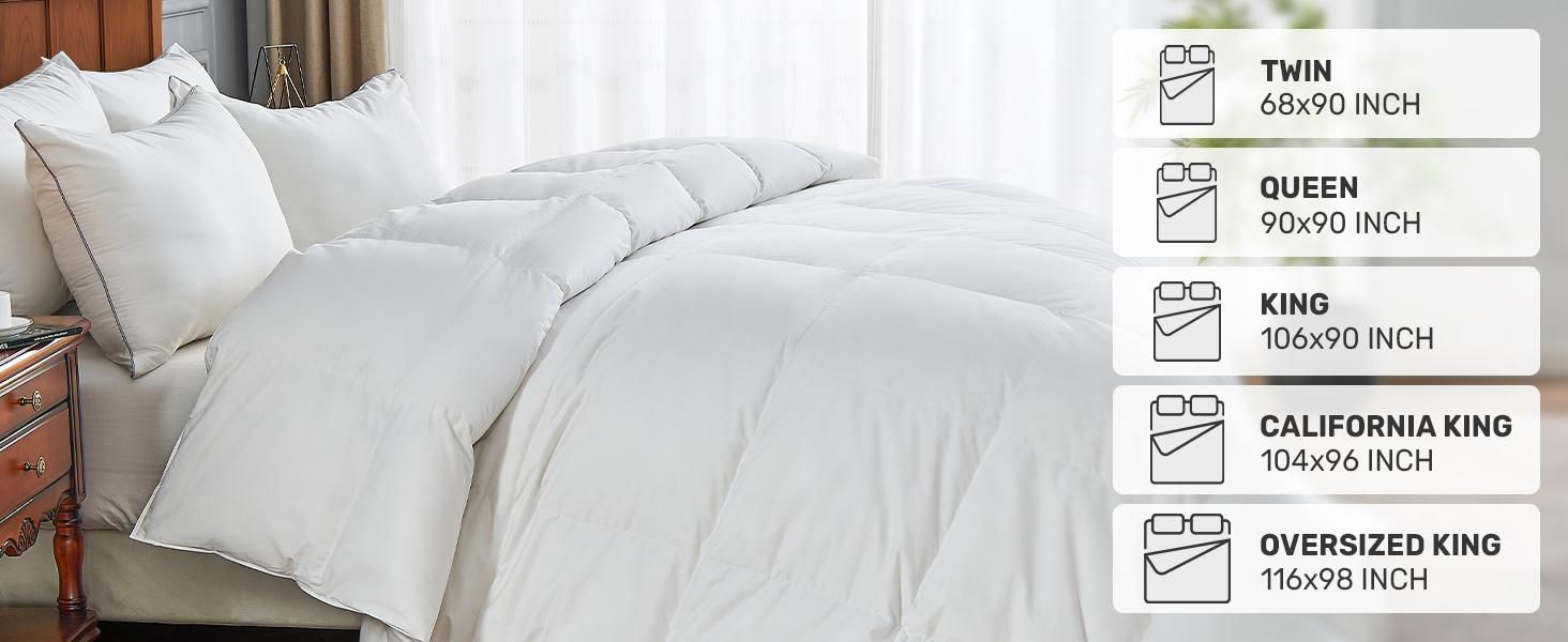 Goose Feather Comforter Queen Size, 100% Cotton Duvet Insert All Season, White Bed Comforter Quilted with 8 Corner Tabs Hotel Luxury Duvet Insert, 90 x 90 Inch, Machine Washable