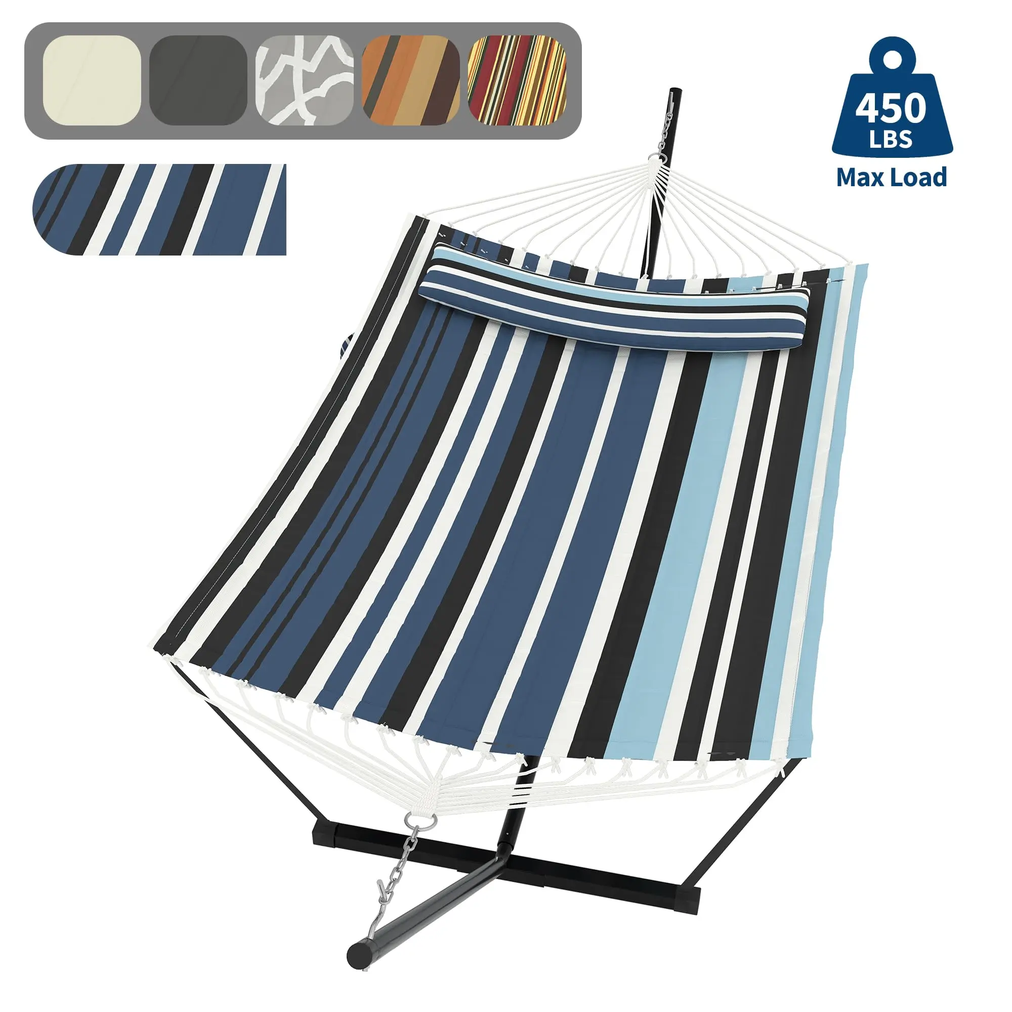 Double Size Hammock Set with Adjustable Steel Stand & Soft Pillow, Sturdy Outdoor Hammock, Foldable Portable Design for Patio, Garden, Beach and Backyard camping use