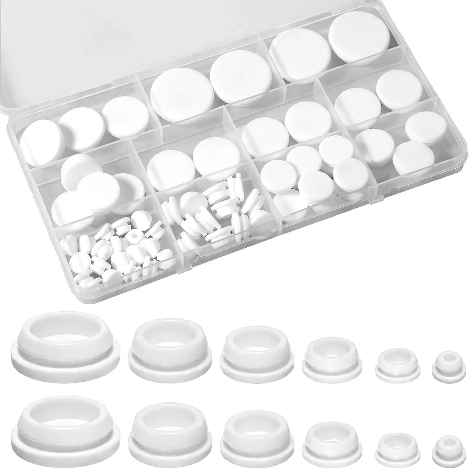 62 PCS 6 Sizes White Silicone Rubber Round Hole Plugs, Snap Locking T-Shape Drain Plugs for Planters Bathtub Furniture, Fit 1" 3/4" 5/8" 1/2" 3/8" 1/4" Holes