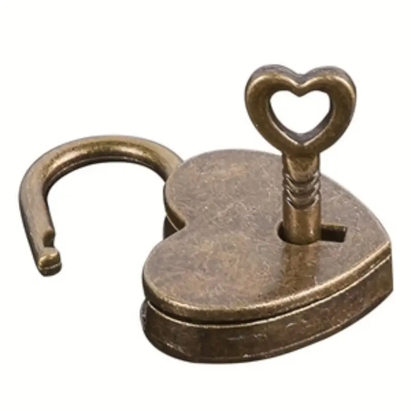 Vintage Heart Shape Mini Padlock, Mini Size, Antique Style Key Lock for Travel Suitcase, Luggage Box Case, Wedding Jewelry Box Case, Heart Shape Design