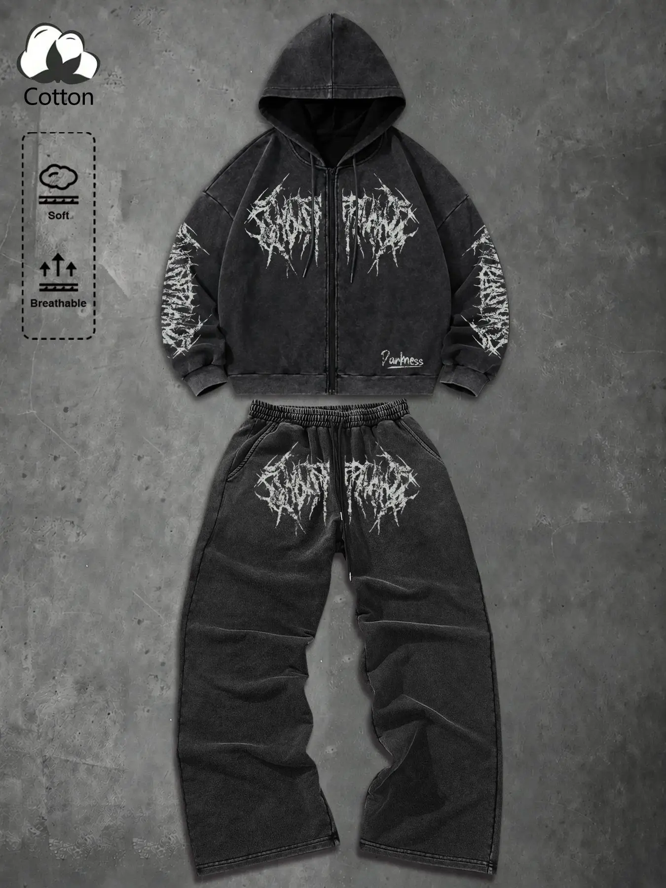 Unisex Y2K Dark Gothic Washed Black Zip Up Hoodie and Baggy Sweatpants Set - Oversized Heavy Metal Graphic Vintage Streetwear 2 Piece Outfit
