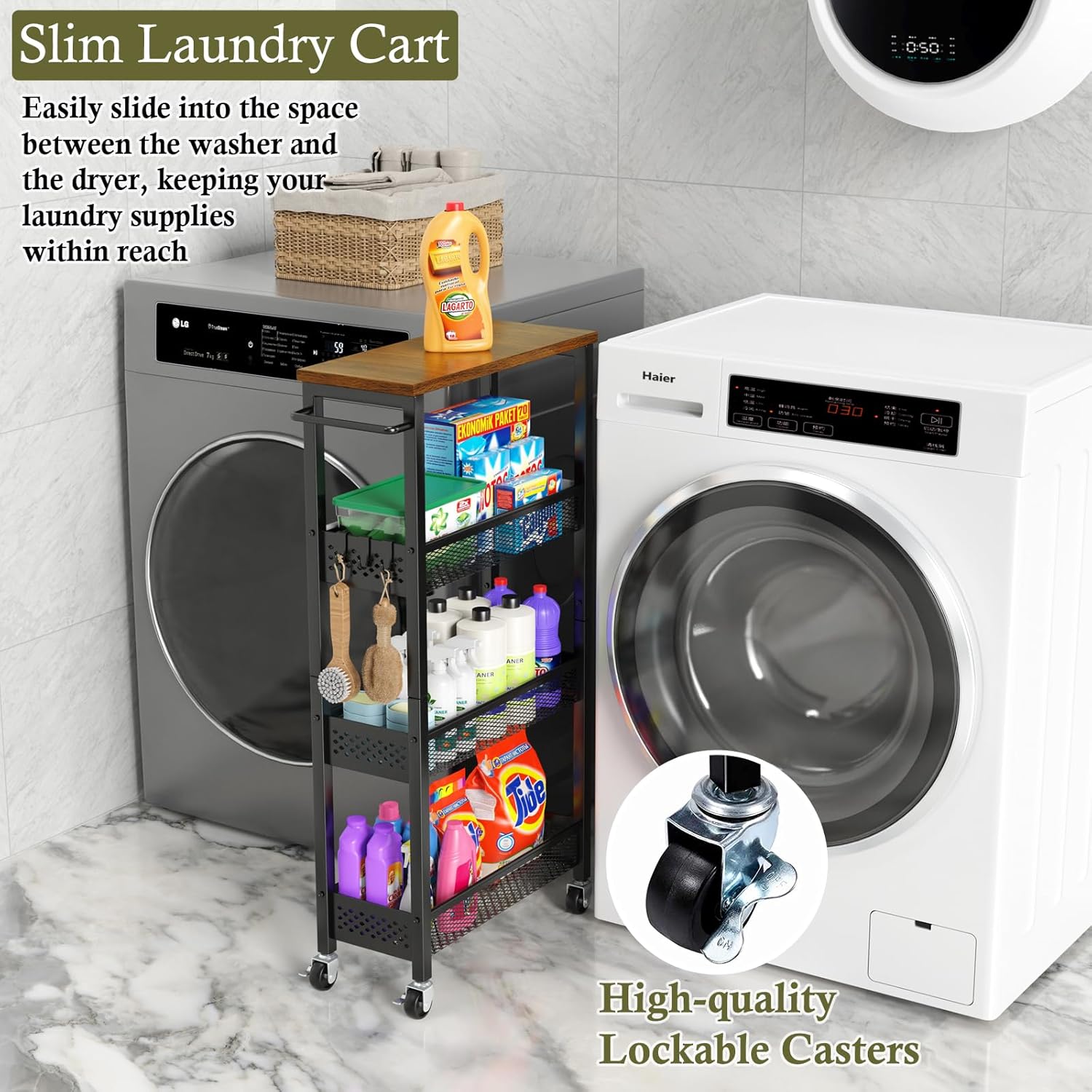 4-Tier Slim Rolling Cart with Wooden Tabletop,Mobile Metal Utility Storage Cart,Slide Out Narrow Cart for Tight Spaces on Bathroom Kitchen Laundry Room Bedroom Apartments Dormitory Deals For You Days