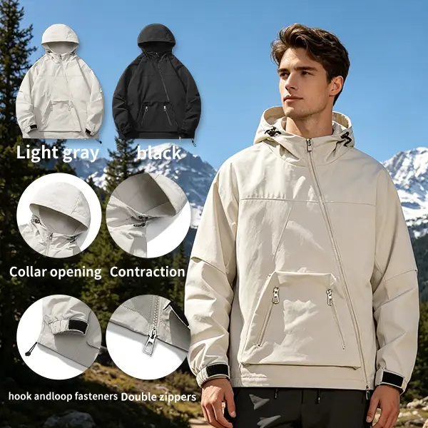 Multi-detail utility hooded parka featuring asymmetric zipper placket, adjustable neck contraction design and secure zippered storage pockets, durable weatherproof textile versatile outerwear for urban hiking mensfashion styling
