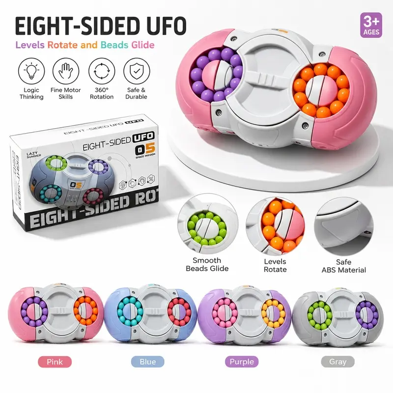 Magic Bean Fidget Toy Eight-Sided Rotating Magic Cube Stress Relief Fingertip Puzzle Brain Teaser  Perfect Office Desk Toy Travel Activity- Birthday Party Favors Goodie Bag Fillers for Anxiety Relief for Kids Boys Girls Party Favors