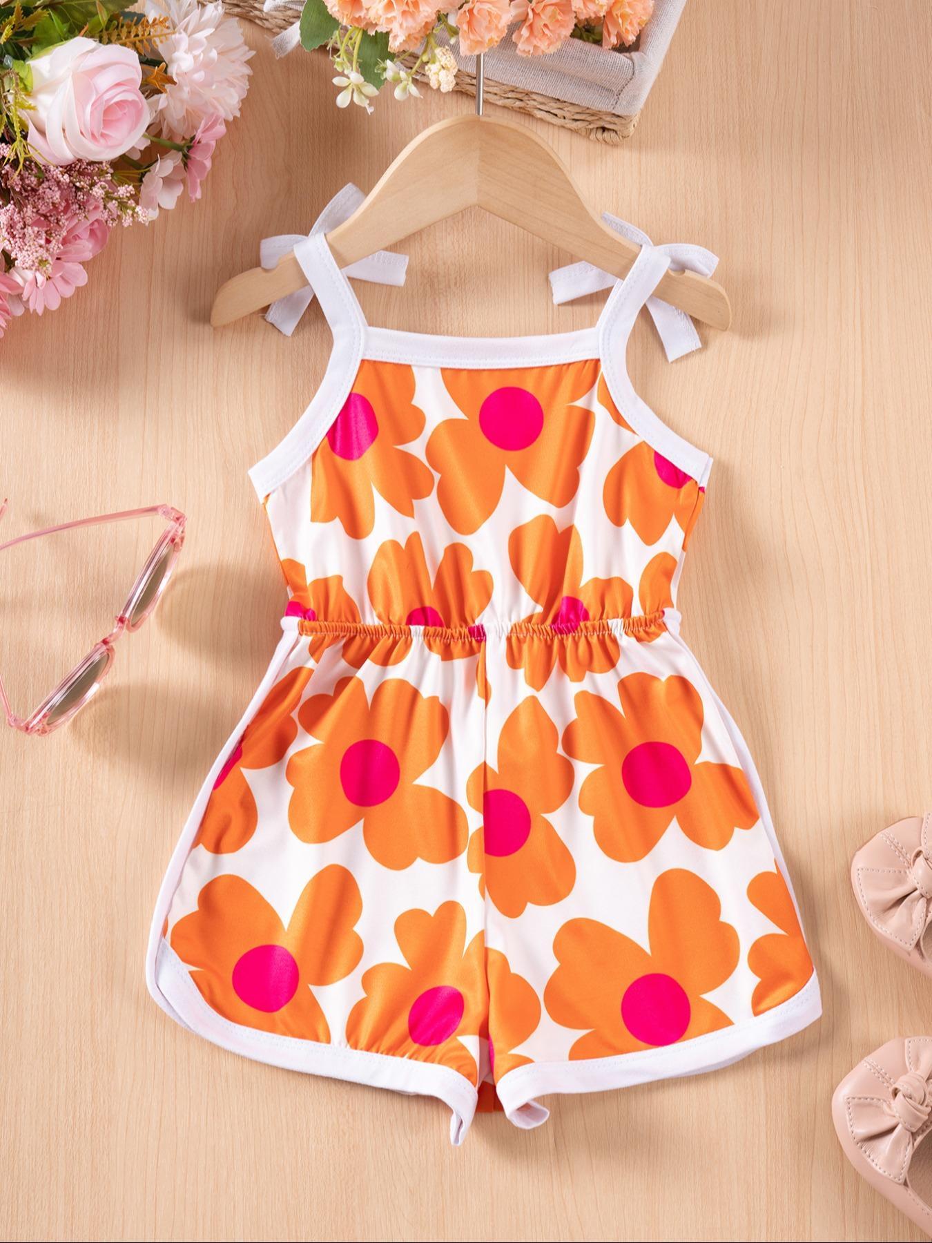 Toddler Girl's Floral Print Bow Tie Waist Romper, Cute Sleeveless Romper for Holiday Vacation, Toddler Outfit, Kids Clothes for Summer, Baby Girl Clothes