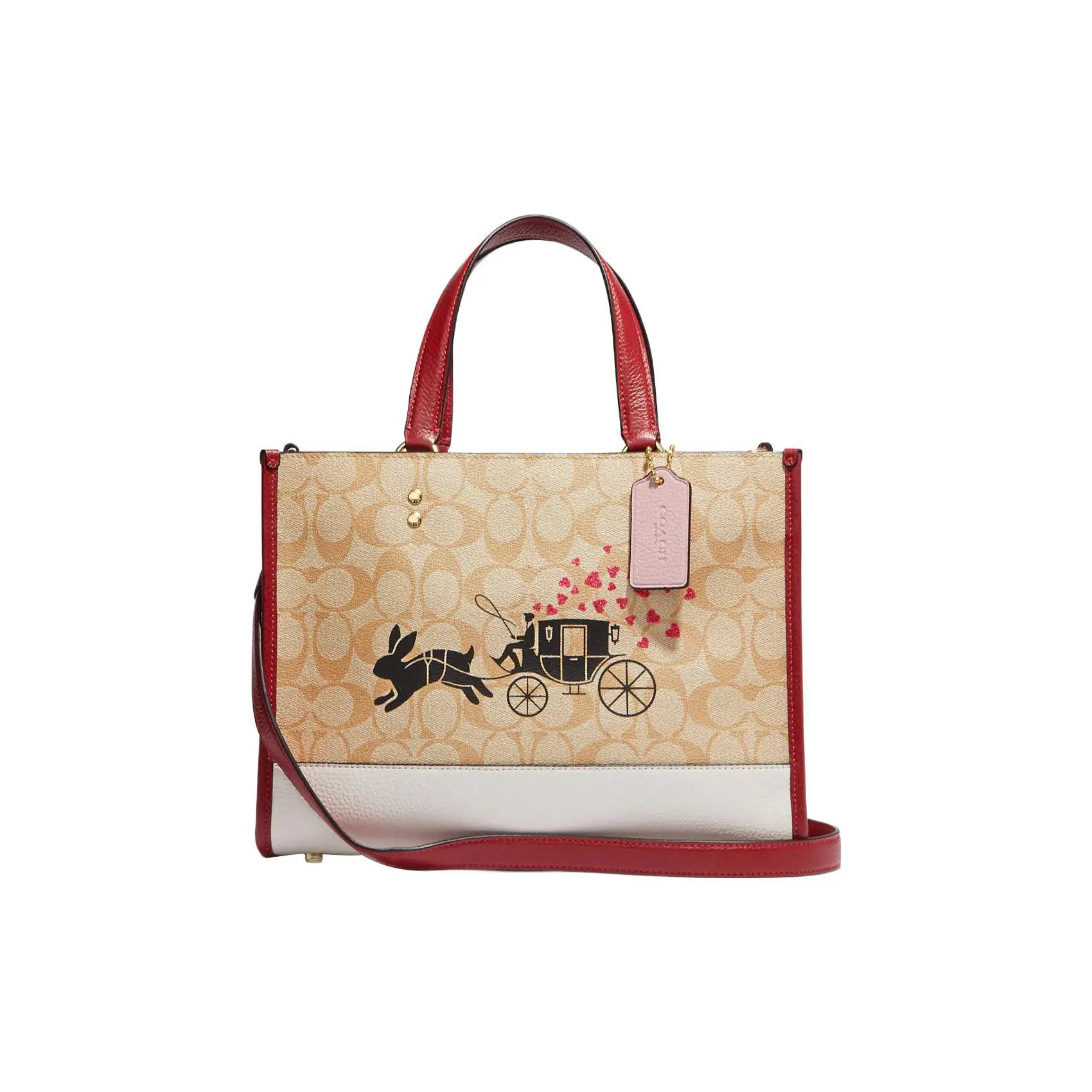 COACH Dempsey 30 Rabbit Carriage Print Leather Tote Bag for Women, Khaki and Pink